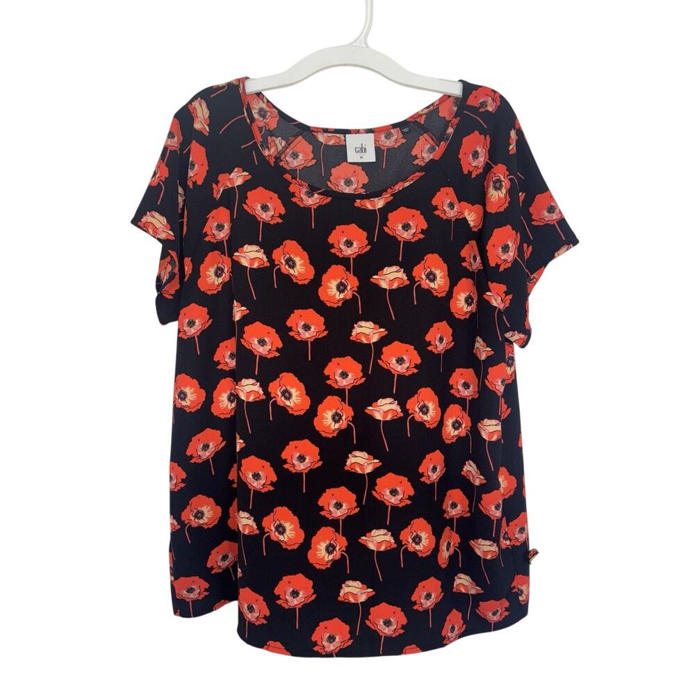 Cabi 3251 Poppy Flower Novelty Print Black Red Short Sleeve Top M